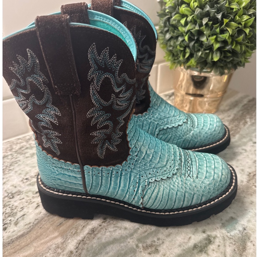 Ariat Fatbaby Heritage Dapper Turquoise Brown Gator Print Western Boots 10014039